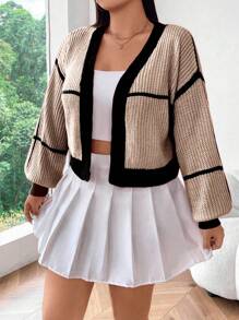 Flirla Plus Size Women Contrast Color Drop Shoulder Long Sleeve Loose Casual Cardigan, Autumn/Winter - Khaki - View 3