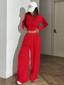 SHEIN EZwear 2 Stück Damen Set aus einfarbigem Crew-Neck Langarm Oberteil und Hose, figurbetonter Schnitt