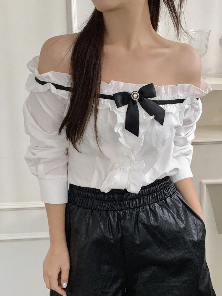 Women's Off Shoulder Contrast Color Tie Bow Long Sleeve Blouse,Fall Women Clothes