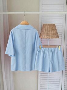 Flirla 全新设计休闲时尚百搭纹理皱褶面料短袖西装外套和上衣套装，轻盈