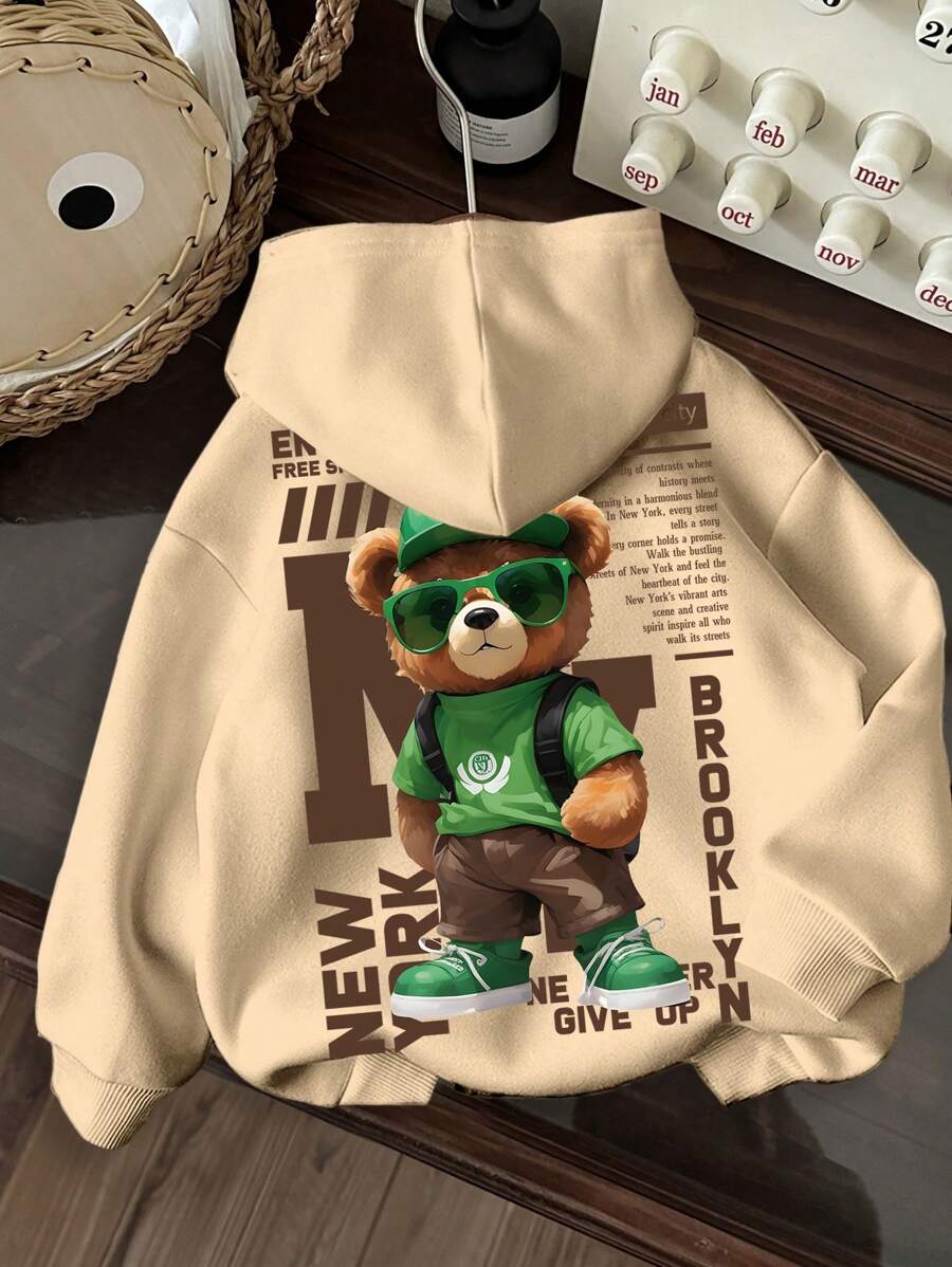 SHEIN Tween Boy Casual Minimalist Cartoon Bear & NY Print Long Sleeve Hoodie Sweatshirt