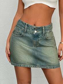 EURMUSE Low Waist Double Button Mini Denim Skirt - Medium Wash - View 2