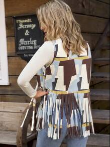 LanaWest Women's V-Neck Sleeveless Casual Jacket With Geometric Patchwork Design And Pearl Embellishments - Multicolor - View 2