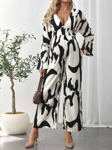 SHEIN Combinaison ample de maternité à imprimé graphique, jambe large, décolleté sexy - Noir et Blanc - Voir 5