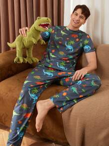 Happy Jammies Conjunto de pijama para hombres con camiseta de cuello redondo de manga corta y pantalones con estampado animal
