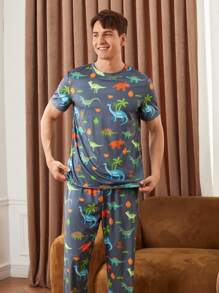 Happy Jammies Conjunto de pijama para hombres con camiseta de cuello redondo de manga corta y pantalones con estampado animal