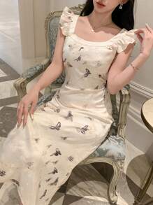 DAZY Robe midi à col carré à fleurs avec volant pour femmes, robe de soirée