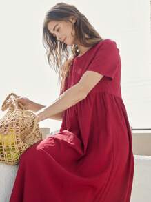 EMERY ROSE Women's Solid Color Crew Neck Short Sleeve Pleated Casual Long Dress - Burgundy - View 6