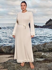 SHEIN VCAY 大码女式荷叶边装饰休闲连衣裙，简约时尚日常穿着情人节服装浪漫 - 杏色 - 查看 3