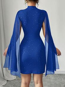 Selianne 女士前拉链长袖网眼拼接迷你修身连衣裙 - 藍色 - 查看 2