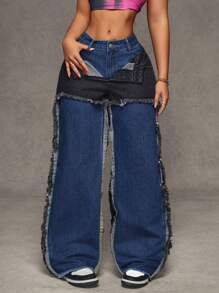 SHEIN SXY Women's Color Block Fringe Hem Wide Leg Loose Casual Jeans - Multicolor - View 3