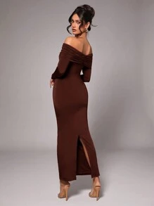Silquee Vestido de fiesta elegante de hombros descubiertos midi para mujer, de manga larga, con decoración de hebilla metálica, color rojo vino y rojo tornasol, hecho de tela de punto elástica, adecuado para fiestas de cóctel, citas románticas, uso como capa en otoño/invierno, invitada de boda, dama de honor, fiesta formal, Halloween, Navidad - Café integral - Ver 2