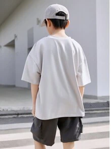 Tween Boys' Loose Round Neck Drop Shoulder Five-Pointed Star Slogan Graphic T-Shirt, Suitable For Casual Wear And Sports