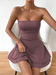 Allurite 1 件女式纯色褶皱短款抹胸连衣裙 - 乾枯玫瑰色 - 查看 4