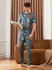 Happy Jammies Conjunto de pijama para hombres con camiseta de cuello redondo de manga corta y pantalones con estampado animal