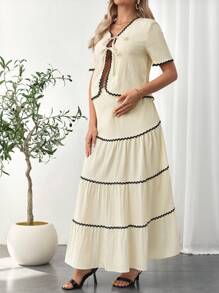 SHEIN Maternity Wave Pattern Tie Front Short Sleeve Blouse And Midi Skirt Fashion Set - Apricot - View 6