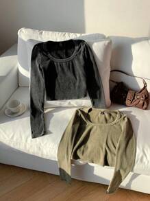 Comfortcana Áo thun cổ vuông tay dài ngắn mới dành cho nữ - Nhiều màu - Xem 3