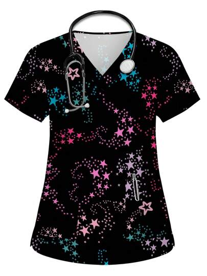 PopScrub Plus Size Women's V-Neck Short Sleeve Double Pocket Side Slit Easy Wear Star Colorful Cartoon Print Nurse/Doctor/Pet Grooming Work Nutritionist Multi-Pocket Functional Lab Work Scrub Uniform Top, Affordable, Functional Women's Festival, Valentine's Day, New Year Top