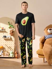 Happy Jammies Men Avocado Print Short Sleeve Round Neck Top And Pants Loose Home Service 2pcs Set
