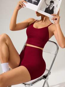 SHEIN 女士纯色交叉背心和短裤运动套装女士健身套装