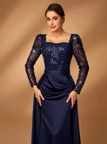 Serin Elegant Luxurious Pearl Sequin Patchwork Satin See-Through Long Sleeve Mermaid Formal Dress With Extra Flared And Ruched Hem, Suitable For Wedding, Party, Prom, Holiday, Gala, Mother Of The Bride Dress (Heavily Embellished) - Navy Blue - View 1