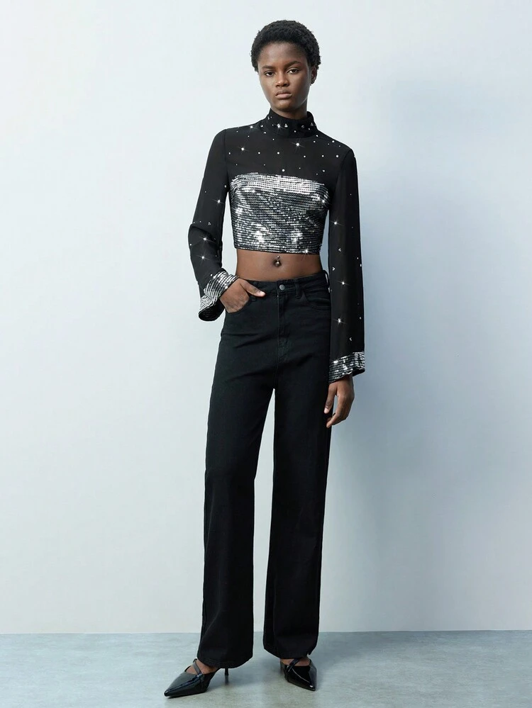 SHEIN Maija Modern Elegant Mock Neck Top With Black & Silver Sequin Decor, Contrast Sequin Fabric, Short Cut, Party & Date Night Wear, Spring/Summer Festival