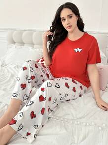 2 pièces/Set Pyjama avec short et manches courtes, décor mignon en forme de cœur