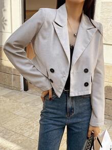 DAZY Women's Solid Color Notched Collar Double-Breasted Long Sleeve Casual Short Blazer, Fall Clothes Business Attire - Light Grey - View 2