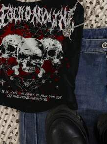Attitoon Women's Goth Skull Print Crop Tank Top: Black Camisole For Rock Concerts,Summer Tops Back To School