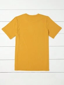SHEIN LUNE 大码女式时尚纯色心形印花 T 恤图案 T 恤女式上衣，适合夏季 - 芥末黃 - 查看 2