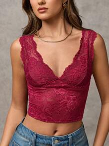 SHEIN BAE 女士花卉蕾丝 V 领短款修身背心 - 酒紅色 - 查看 2