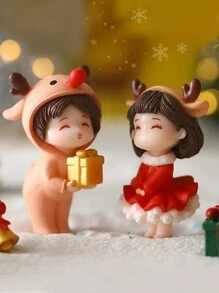 1 Set Mini Cute Christmas Elements Couple Figurines With Mini Stools, Creative Home Decor Ornaments (Stool Style Random) - Multicolor - View 9