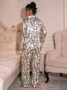 LuxeNights Faux Silk Geometric Print Top And Pants Pajama Set, Fall Winter Clothes - Multicolor - View 5