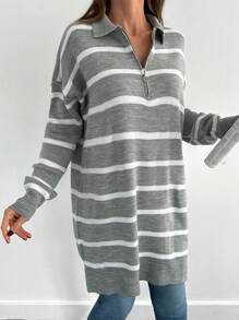 RueChic Áo len sọc dài tay có khóa kéo cho nữ, thời trang tối giản, mặc thường ngày - Xám - Xem 4