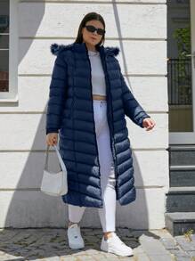 RueChic Plus Size Fuzzy Trim Hooded Zipper Down Coat - Navy Blue - View 6