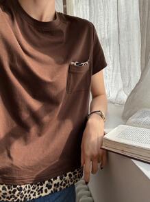 DAZY Leopard Print Patchwork Round Neck Casual T-Shirt For Women - Brown - View 7