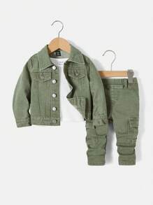SHEIN Ensemble de 2 pièces pour bébés garçons : une veste en jean à manches longues décontractée et un pantalon en jean avec poches cargo, pour une tenue de sortie