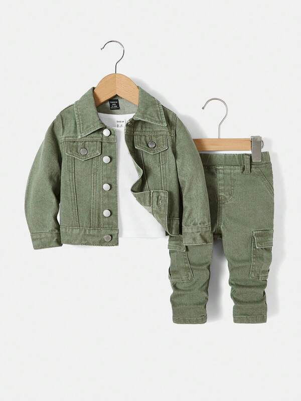 SHEIN Babyjongens 2-delige set casual denim jack met lange mouwen en cargozak denim broekset, voor buitenkleding