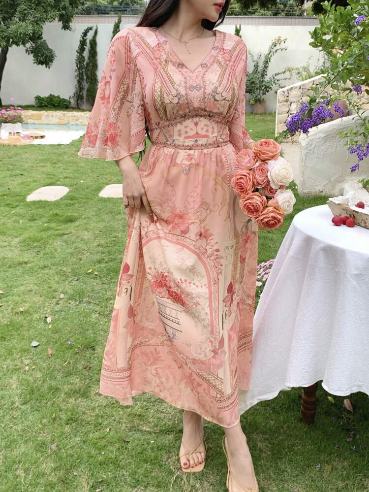 V-Neck Floral Patchwork Women's Midi Dress Boho