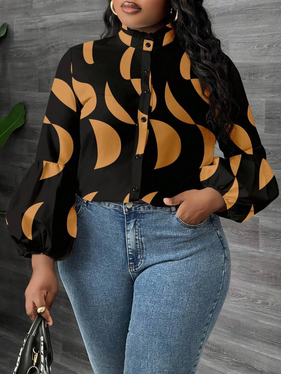 Slaydiva Camicia a maniche lunghe e maniche a palloncino con colletto alto, in stile elegante, casual e da festa, con motivo geometrico multicolore, adatta a donne con taglie over, per primavera e autunno - Castano - Visualizzare 1