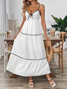 SHEIN Unity Black & White Patchwork Hollow Out Bow Front Cami Dress For Women - White - View 4