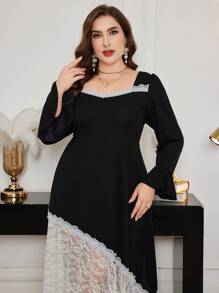 Modelyn 大码优雅浪漫蕾丝拼布连衣裙 - 黑與白 - 查看 5