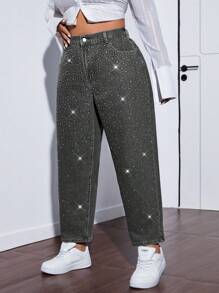 SHEIN ICON Jeans versátiles y casuales de talla grande para mujer con bolsillos, lentejuelas y rhinestones en forma de cono