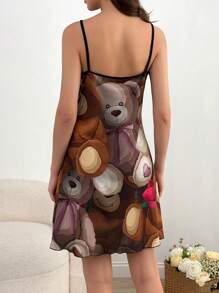 RueChic Vestito da casa/da relax in viscosa con stampa colorata di orsi, con bordo a lattuga e dettagli di bordatura a contrasto per le donne