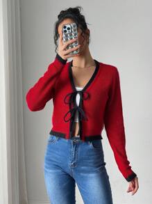 Chiquease European And American New Autumn/Winter Fashion Blogger Style Colorful Dot Contrast Trim V-Neck Tie Bow Knit Red Cardigan Sweater
