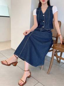 DAZY Damen Gewaschenene zweifarbige Denim-Weste und Denim Rock im Cowgirl-Stil, Frühling/Sommer