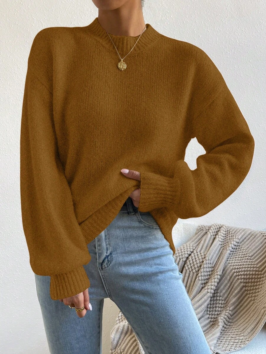 Chiquease 纯色套头毛衣，长袖，简约时尚休闲日常针织套头衫，秋冬款 - 鏽棕色 - 查看 1