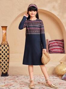 SHEIN Tween Girls Rochie cu modele, cu mâneci lungi, cu decolteu rotund, confortabilă și simplă - Albastru - Vizualizare 6