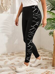 EMERY ROSE Plus Size Women Black Geometric Print Patchwork Casual Leggings,Summer Outfits For Women,Casual Everyday Wear,Vacation Outfits Woman