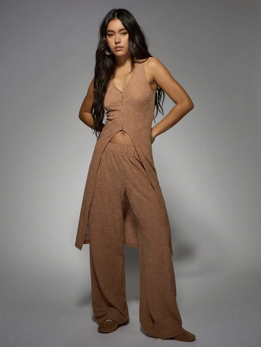 MISSGUIDED Luxury Terry Cloth Coordinated Set Button-Front Longline Cardigan Wide Leg Pants Resort Wear Lounge Set Vacation Beach Cover Up Summer Spring - Brown - View 1